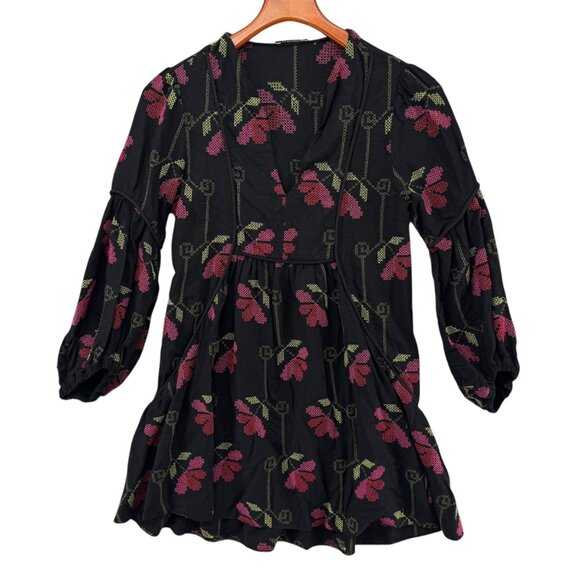 Dress To Tunic Top Womens Black Pink Floral Embroidered 3/4 Sleeve Sz PP 2-4 - Picture 8 of 9